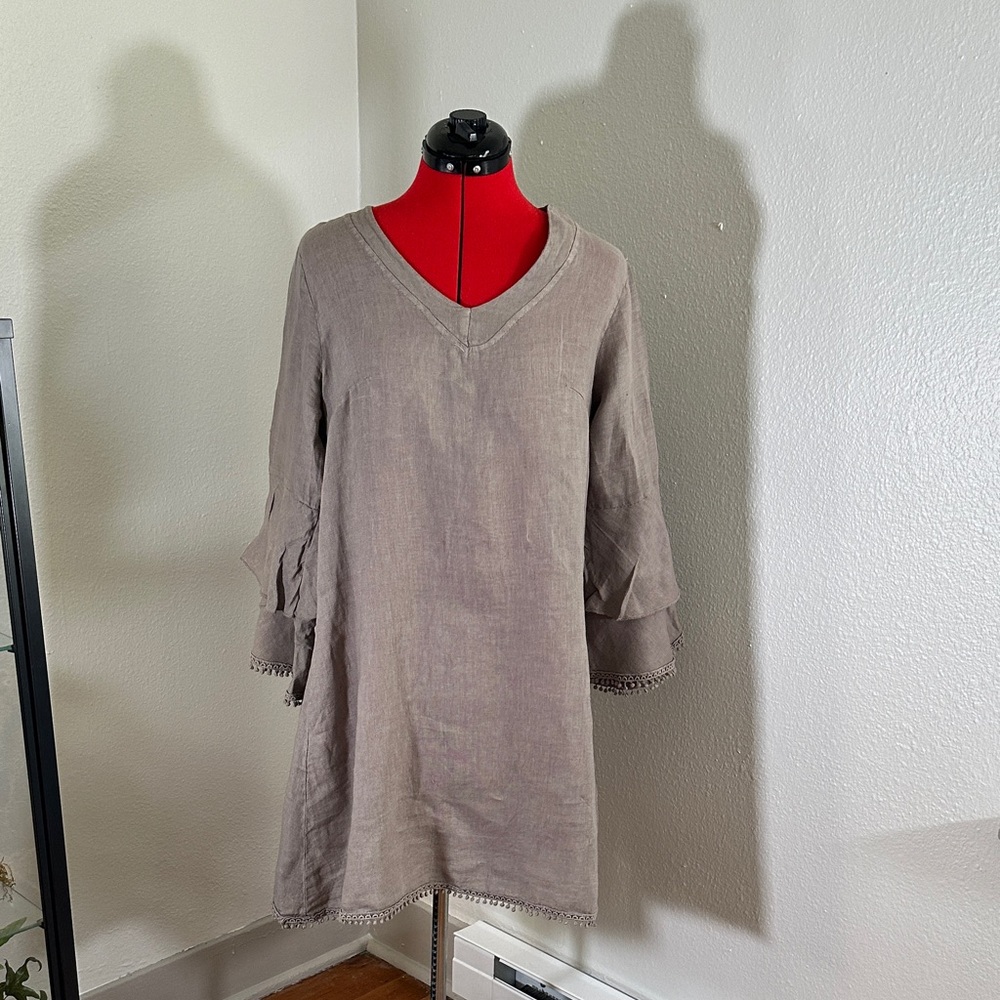 Taupe Linen Tier Sleeved Dress